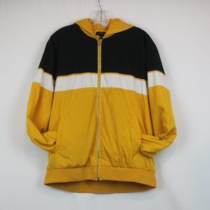Forever 21 Mens Medium Yellow Black White Wind Breaker Zip Up Hooded Jacket